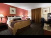 One king bed and a work desk inside a guest room.