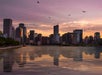 City skyline at sunset with tall buildings reflected in a river, birds flying in the sky, and soft clouds illuminated by the evening light.