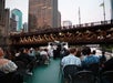 Evening boat tour passing under the DuSable Bridge.