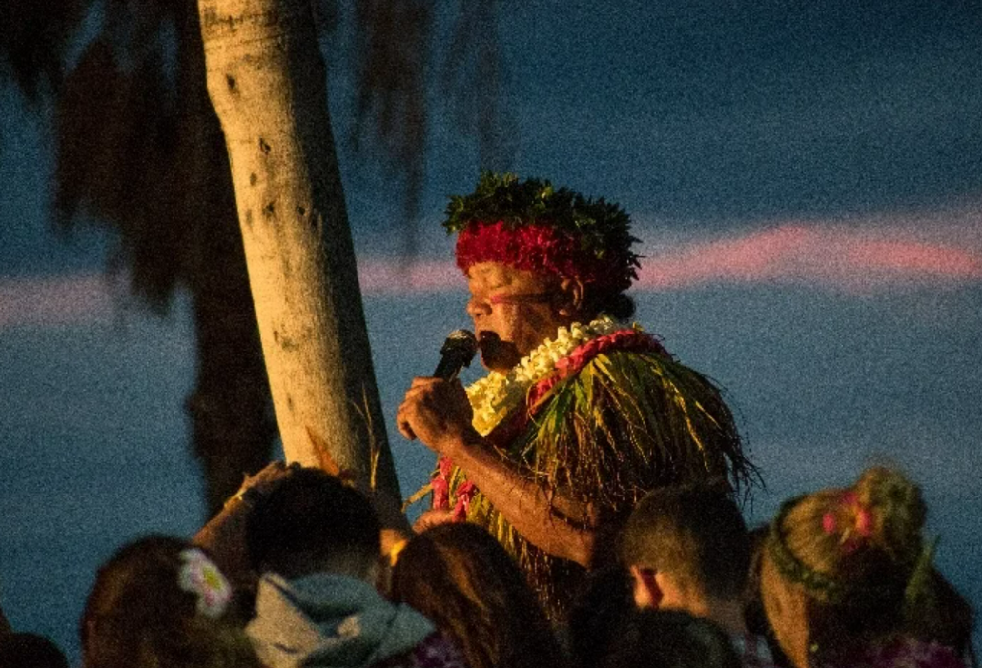 A person wearing a traditional outfit and lei speaks into a microphone beside a tree during an outdoor event at dusk. People are gathered in the foreground.