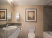 A single vanity mirror, fresh towels, toilet, shower, and tub in a private bathroom.