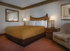 One queen bed, bedside lamps, and seating area in a guest room.
