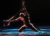 A shirtless performer kneels in a pool of water on stage, gripping aerial straps above his head, with dramatic lighting highlighting his pose.
