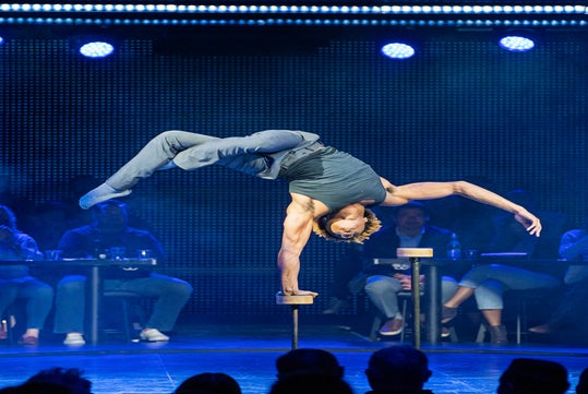 Acrobat performs a one-arm handstand on canes, with an audience seated in the background.