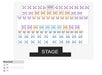 Seating chart with three price levels. Sections E1-E5 at the top, sections D1-D15 in the middle, and sections A1-A30 at the bottom, facing the stage. Price levels are color-coded.