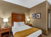 Hotel room with a double bed, two lamps, and a wooden headboard. Beige walls display two framed pictures. A mirror and nightstands are on either side of the bed.