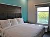 Hotel room with a large bed, white linens, and a blue accent wall. A window with closed blinds overlooks trees. A nightstand with a phone is beside the bed.