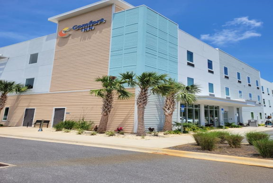 A modern Comfort Inn hotel with a beige and blue facade is surrounded by palm trees and landscaping under a clear blue sky.