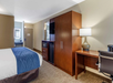 One king bed, work desk, flat-screen TV, microwave, mini-refrigerator, and a closet inside a guest room.