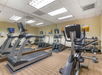 Small gym with treadmills, elliptical machines, stationary bike, and free weights in front of mirrored wall.