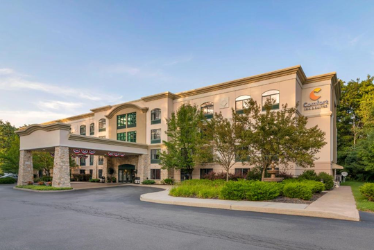 A four-story hotel with a beige facade and stone entrance, surrounded by trees, with a "Comfort Inn & Suites" sign visible on the upper right corner.
