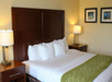 Hotel room with a neatly made bed, wooden headboard, two bedside tables with lamps, and framed wall art.