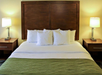 A neatly made bed with white pillows and a green decorative throw, flanked by two wooden nightstands with lit lamps.