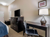 Hotel room interior with a desk, chair, lamp, TV on a cabinet, and a decorative wall print. Brown and beige color scheme.