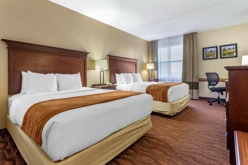 Hotel room with two double beds, white bedding, orange throws. Includes a desk, chair, two lamps, large window with curtains, brown furniture, and artwork on the wall.