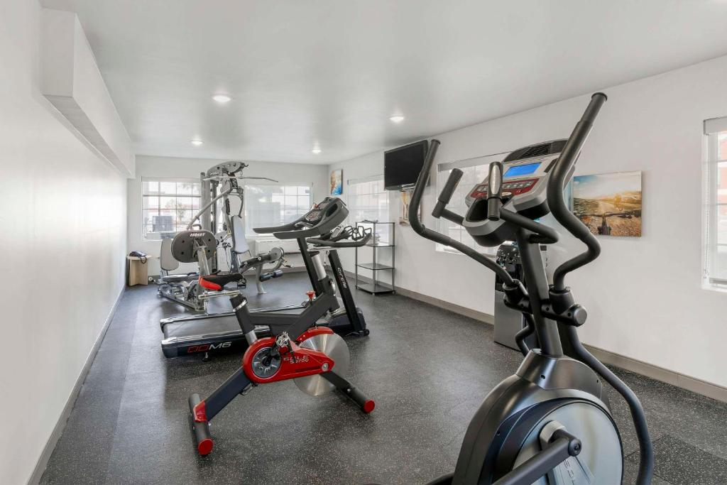 A gym room with various exercise equipment, including a stationary bike, treadmill, and weight machine. Bright lighting and large windows.