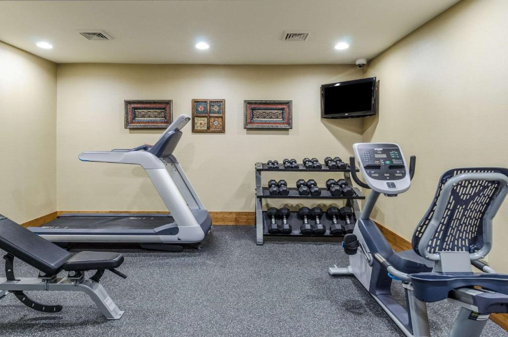 Small gym with a treadmill, stationary bike, weight rack, bench, and wall-mounted TV, set against beige walls with artwork.