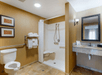 Accessible bathroom with a toilet, a walk-in shower with a seat, a sink with a large mirror, and towel racks. Walls are wood-paneled, and there are framed pictures above the toilet.