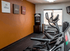 A fitness center with a row of  cardio equipment, free weights, a drink station, and an orange accent wall with art on it.