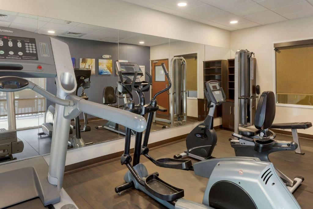 A small gym with exercise machines, including treadmills, an elliptical, and a stationary bike, against mirrored walls.