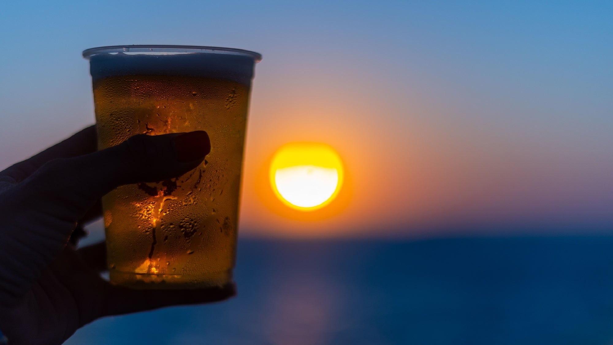 A hand holds a plastic cup of beer against the backdrop of a sunset over the ocean.