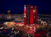 Aerial view of the hotel at night.