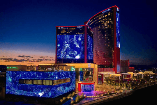 Aerial view of the hotel at night.