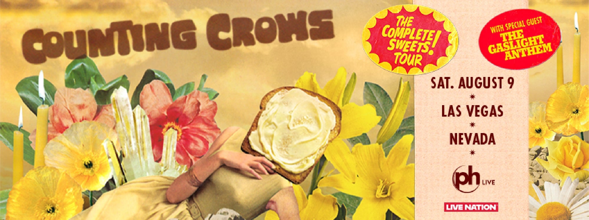 Concert poster for Counting Crows with The Gaslight Anthem, Complete Sweets Tour, August 9 in Las Vegas, featuring a surreal collage of flowers, a person, and a slice of toast.