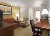 Seating area with a comfortable sofa bed and a well-lit work desk.