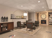 A hotel lounge area with a table, four chairs, a large clock above a fireplace, a modern lamp, and a coffee station. Bookshelves and decor adorn the walls. Floor markers indicate seating areas.