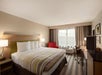 One king bed, seating area, TV, and work desk with chair inside a guest room.