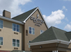 A Country Inn & Suites building with a beige facade, green roof, and white signage under a blue sky with clouds.