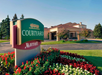Front view of a Courtyard Marriott hotel with manicured landscaping and a bold sign featuring the hotel name.