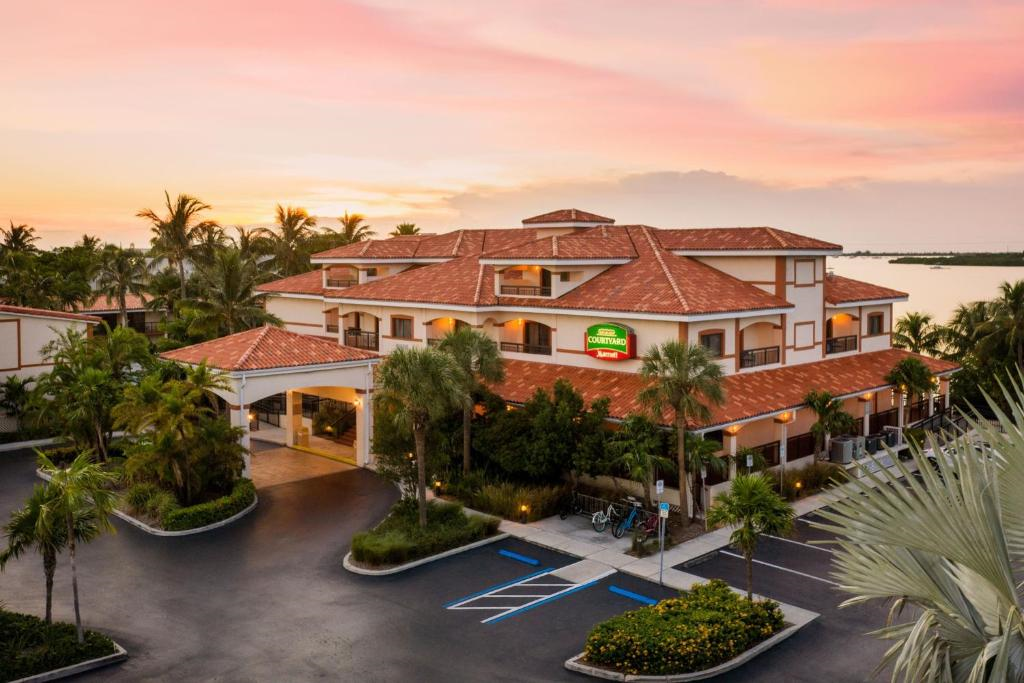 Aerial sunset of the hotel.