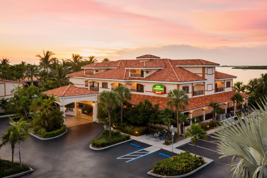 Aerial sunset of the hotel.