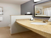 Modern bathroom with a granite countertop, sink, tissue box, and mirror. A wall partially conceals the toilet. Neutral tones and framed artwork adorn the space.
