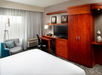 Hotel room with a bed, armchair, desk, and TV. Wooden wardrobe and decor items are also present. Large window with curtains on one side.
