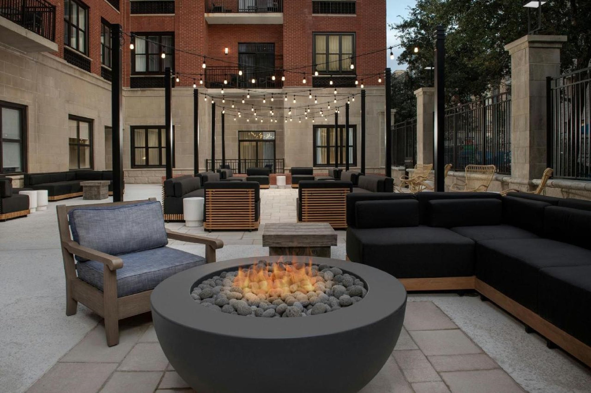 Outdoor lounge with firepit.