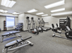 A gym with treadmills, stationary bikes, weights, and benches on a carpeted floor under fluorescent lighting.