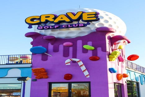 The candy decorated entrance of Crave Golf Club in Pigeon Forge, TN