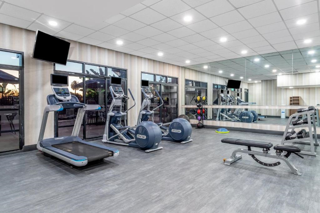 A modern gym room featuring treadmills, elliptical machines, a weight bench, and exercise equipment. Large mirrors and windows line the walls, and two TVs are mounted near the ceiling.