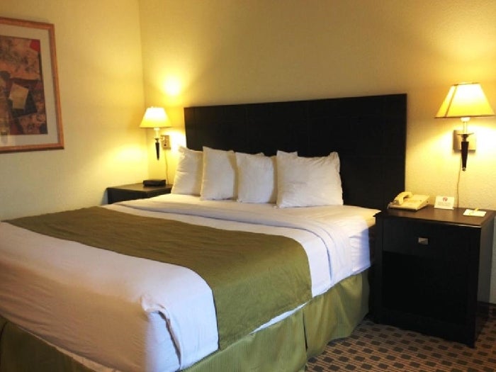 One queen bed inside a guest room.