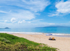 Sandy beach with green vegetation, a striped umbrella, and a clear blue sky. Island and ocean visible in the background.