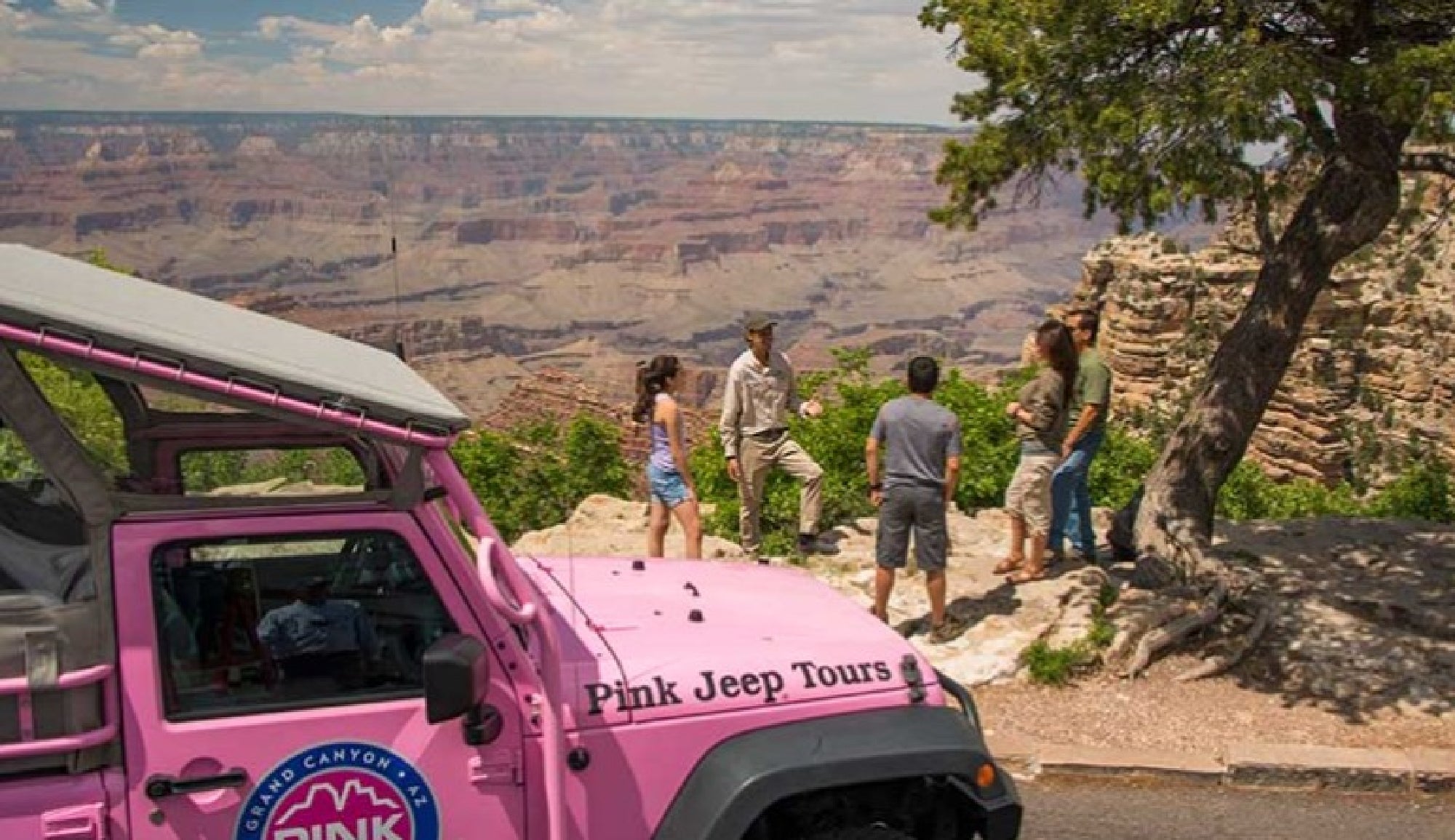 A group of people stands near the edge of the Grand Canyon, talking with a guide beside a parked pink Jeep labeled "Pink Jeep Tours.