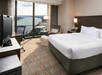Hotel room with a large bed, a TV, a work desk and chair, and a window with a river view. The room has neutral-colored decor and a small sitting area with a chair and table.