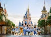 Disney characters lined up in front of Cinderella's Castle in their 50th Anniversary costumes at Walt Disney World in Orlando, Florida, USA.