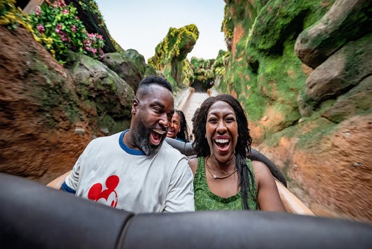 Two adults and a child ride a log flume at an amusement park, smiling and laughing as they go down a steep drop surrounded by artificial greenery.