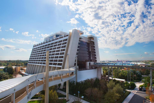 View of Disney's Contemporary Resort with the monorail going through it.