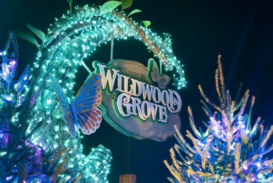 Illuminated sign reading "Welcome to Wildwood Grove" surrounded by glowing trees and colorful butterfly decorations at night.
