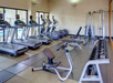 A gym with treadmills, ellipticals, exercise bikes, weight benches, and a rack of dumbbells.